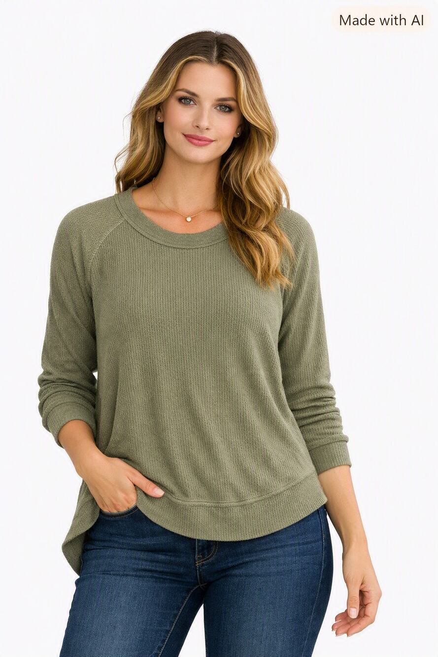 Soft Surroundings Drab Olive Waffle Knit Thermal Cotton Top Curved Hem Sz Small